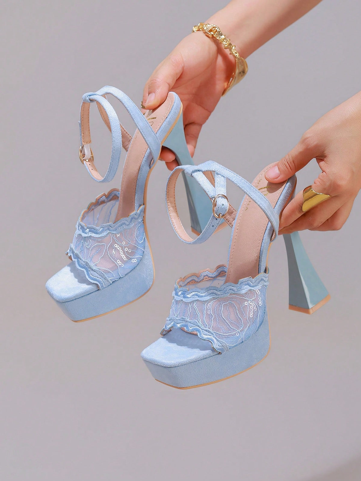Lace embroidered open toe high heel sandals featuring a chunky square heel, platform wedge, and ankle strap buckle closure.