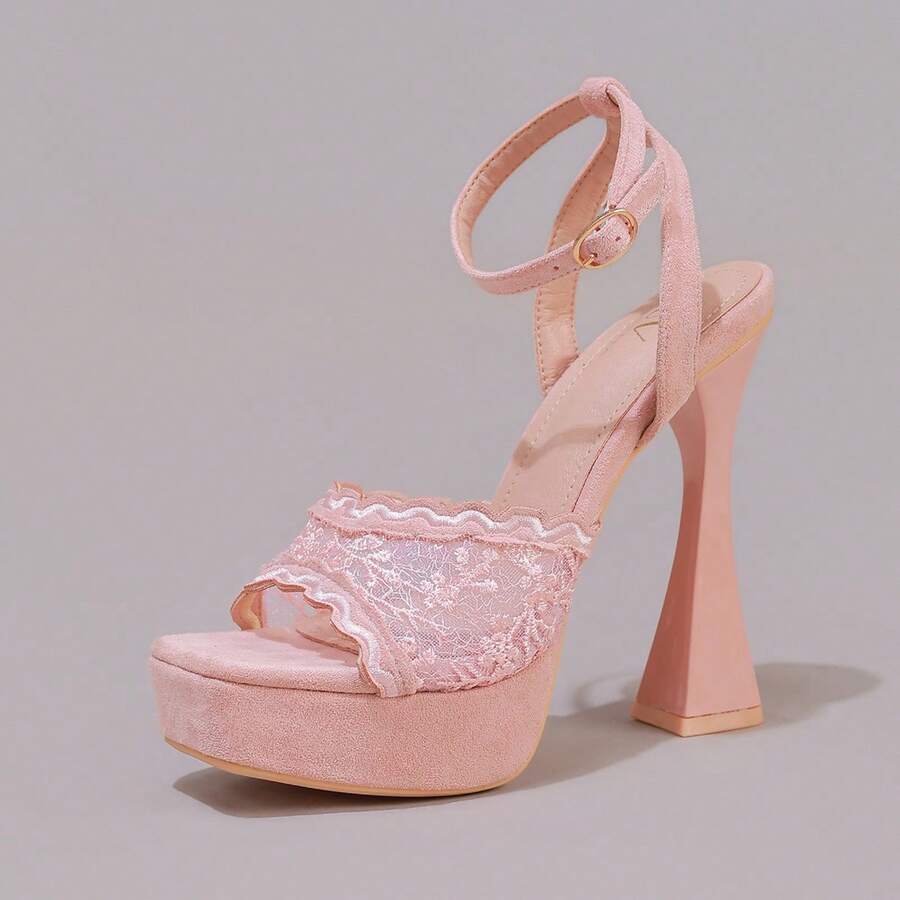 Lace embroidered open toe high heel sandals featuring a chunky square heel, platform wedge, and ankle strap buckle closure.