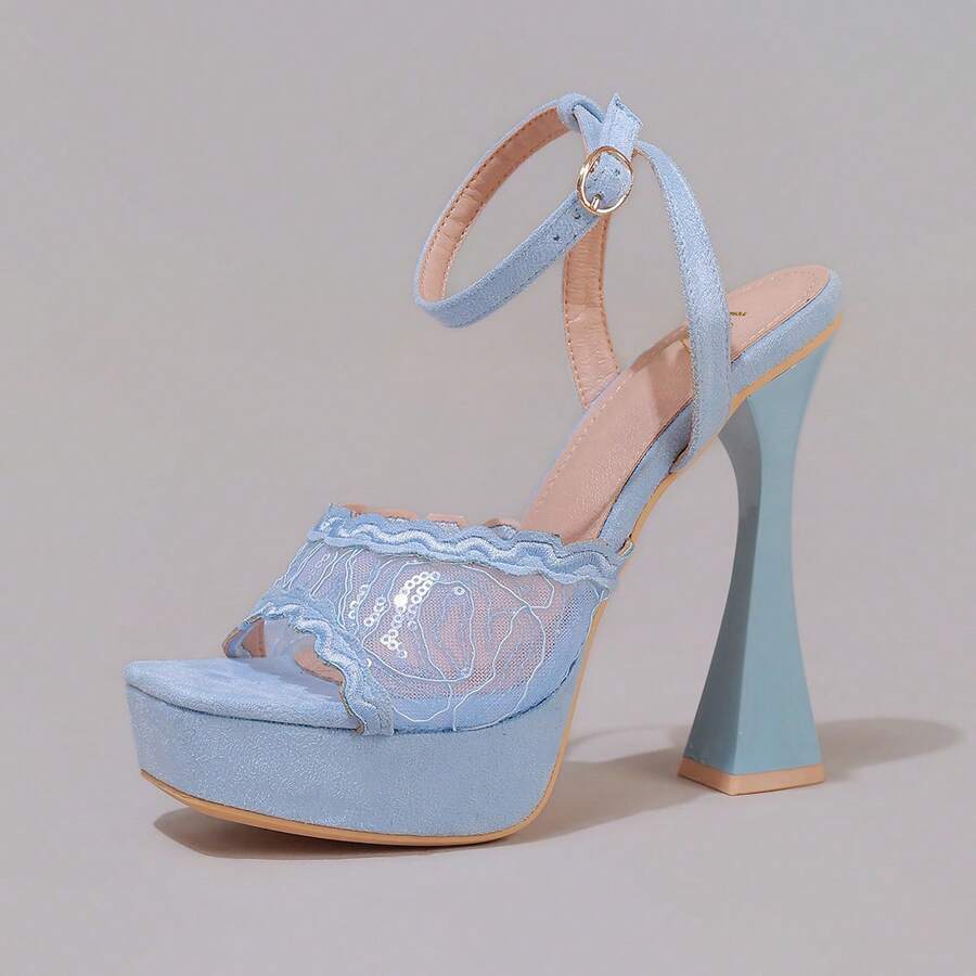 Lace embroidered open toe high heel sandals featuring a chunky square heel, platform wedge, and ankle strap buckle closure.