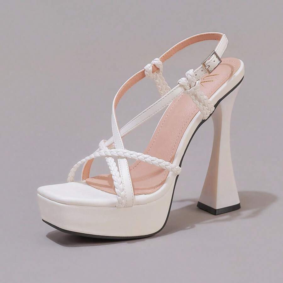 Lace embroidered open toe high heel sandals featuring a chunky square heel, platform wedge, and ankle strap buckle closure.