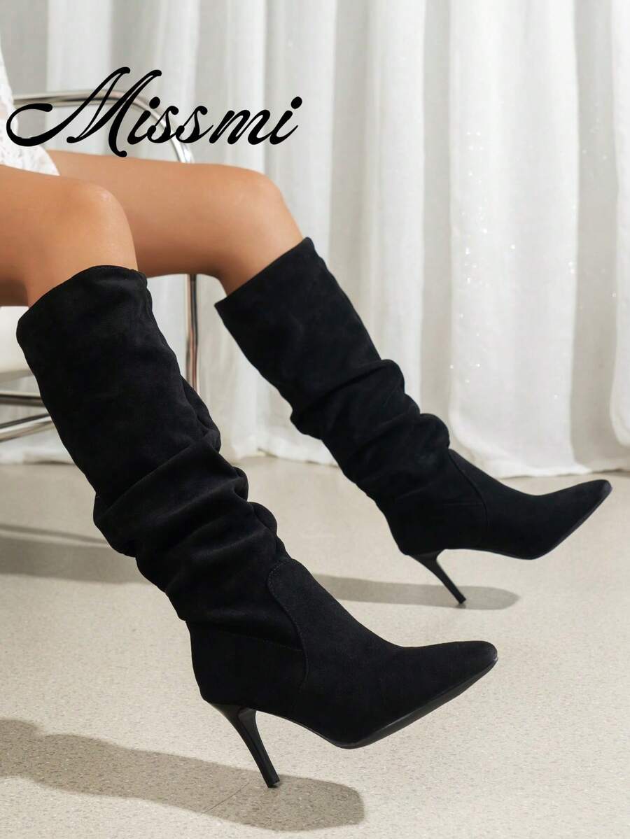 Women's pointed toe wrinkled knee-high boots with slim kitten heels in slip-on slouchy design