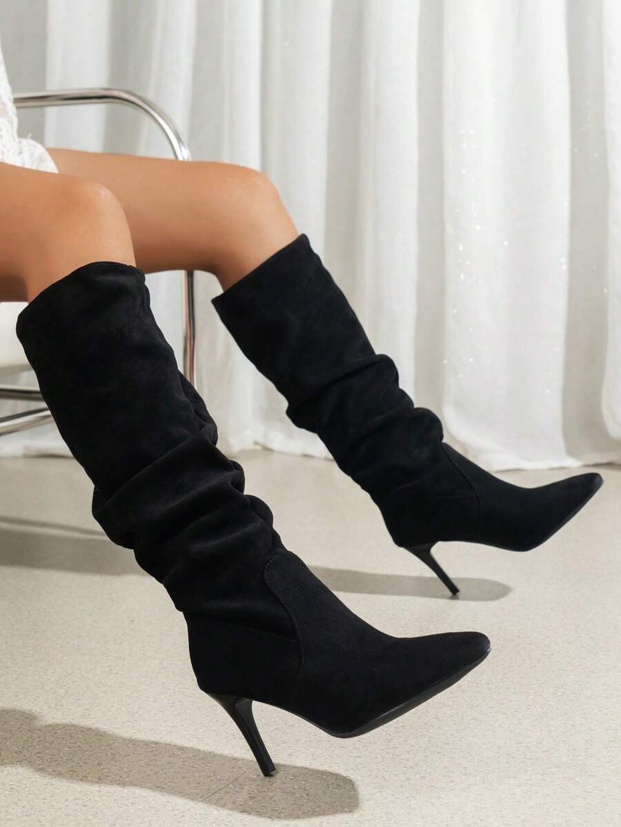 Women's pointed toe wrinkled knee-high boots with slim kitten heels in slip-on slouchy design