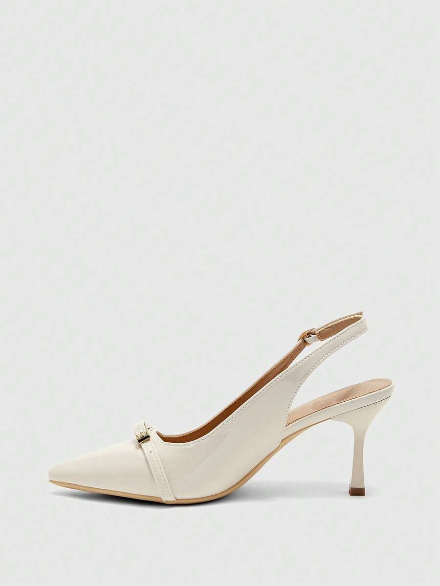 Beige pointed toe high heel pumps featuring a sleek stiletto heel and slingback strap for women.