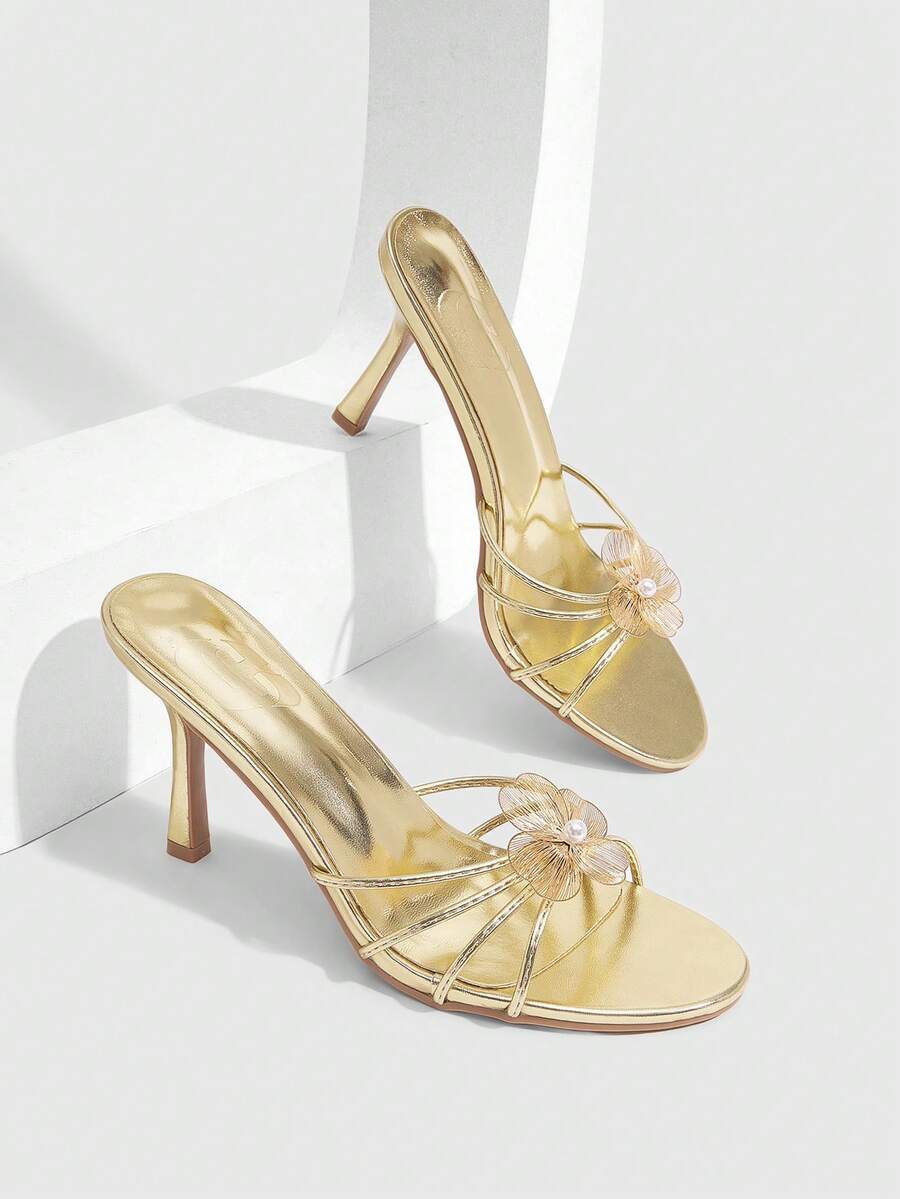 Square toe gold metallic heel sandals for women featuring open toe, crossover slingback strap, and stiletto mid heel for weddings and parties.