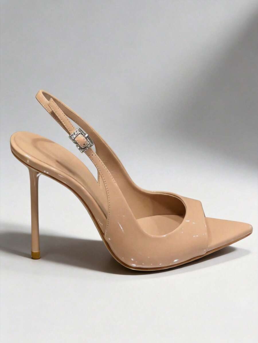 Pointed toe stiletto high heel pumps with sleek low vamp and sparkling rhinestone buckle slingback strap