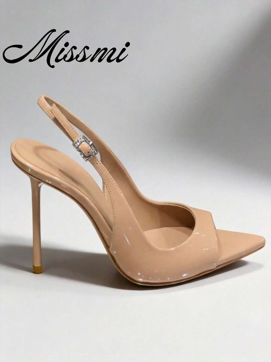 Pointed toe stiletto high heel pumps with sleek low vamp and sparkling rhinestone buckle slingback strap