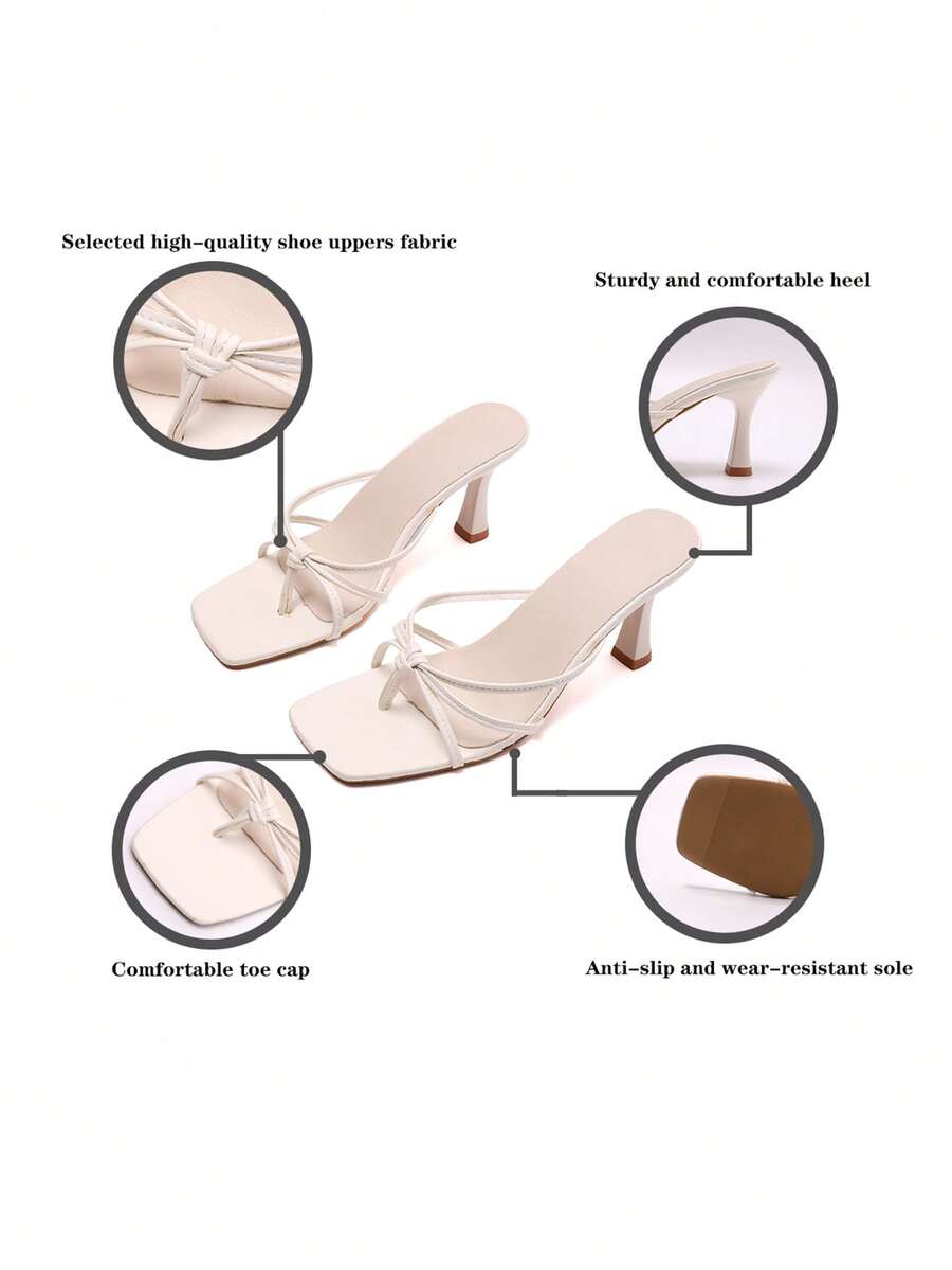 Women's high heel thong sandals featuring sparkling rhinestone buckle accents, slender stiletto thin heel, toe post, and cross straps.