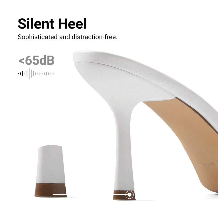 Women's pointed peep toe high heel sandals featuring a sleek stiletto heel, slip-on mule design, and smooth faux leather finish.