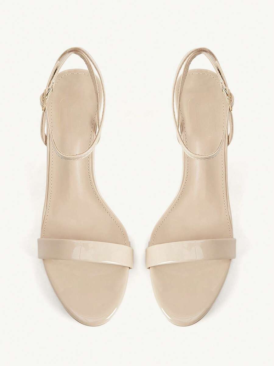Women's open-toed high-heeled sandals featuring a 5.5cm kitten heel stiletto, sleek ankle strap with buckle closure, and smooth PU leather finish.