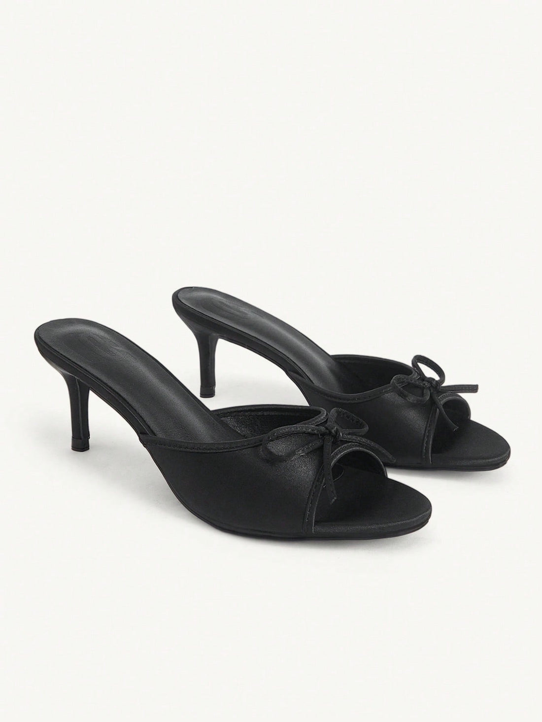 Women's black open-toe stiletto mule high heel sandals with bow detail