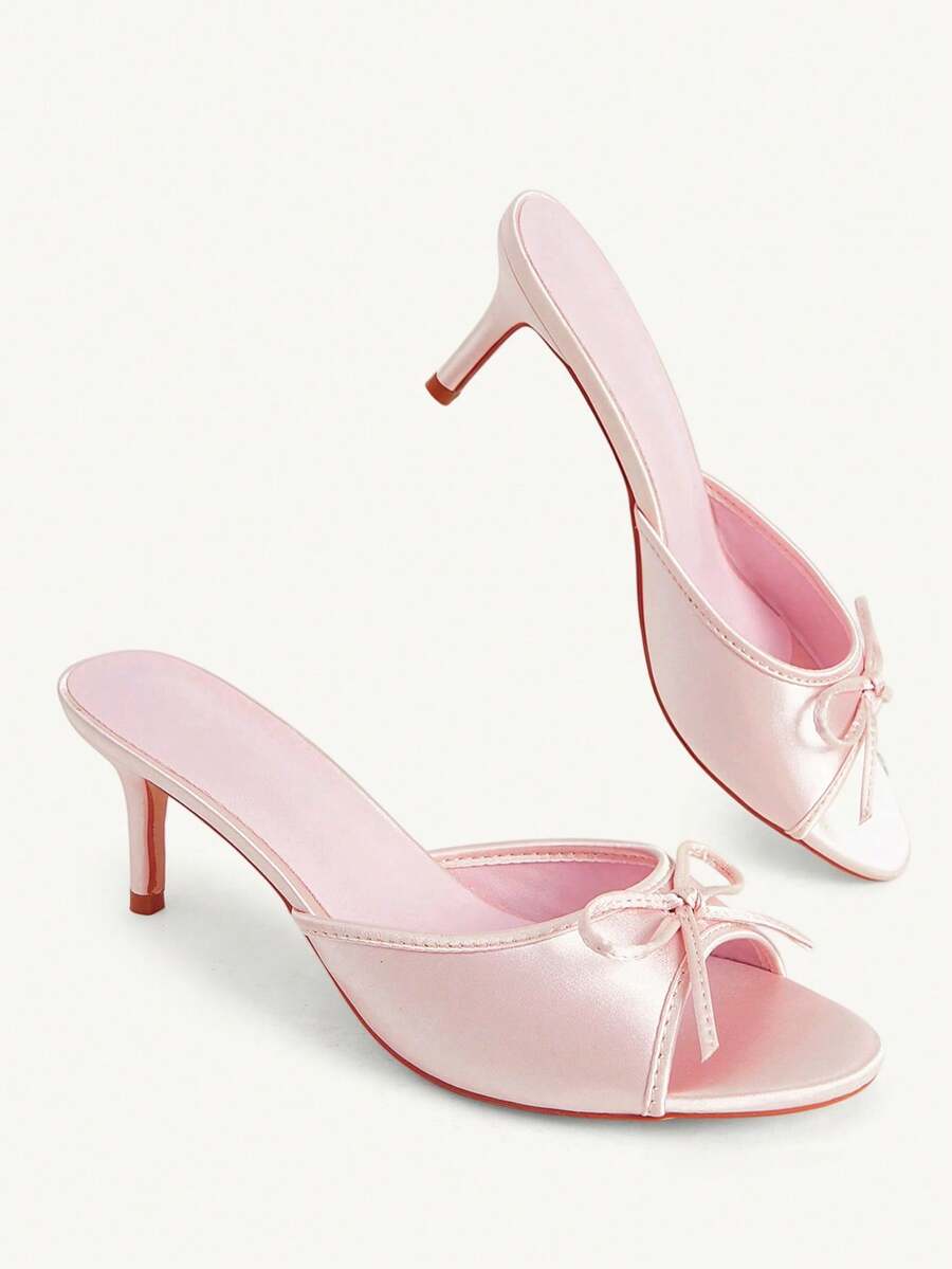 Women's black open-toe stiletto mule high heel sandals with bow detail