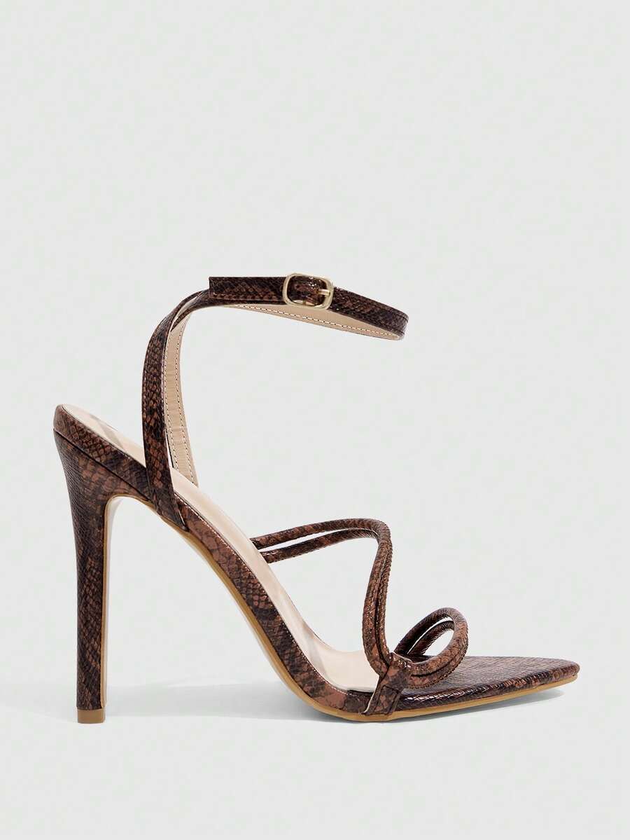 Snake pattern open toe high heel sandals with thin stiletto heel and buckle ankle strap for women.