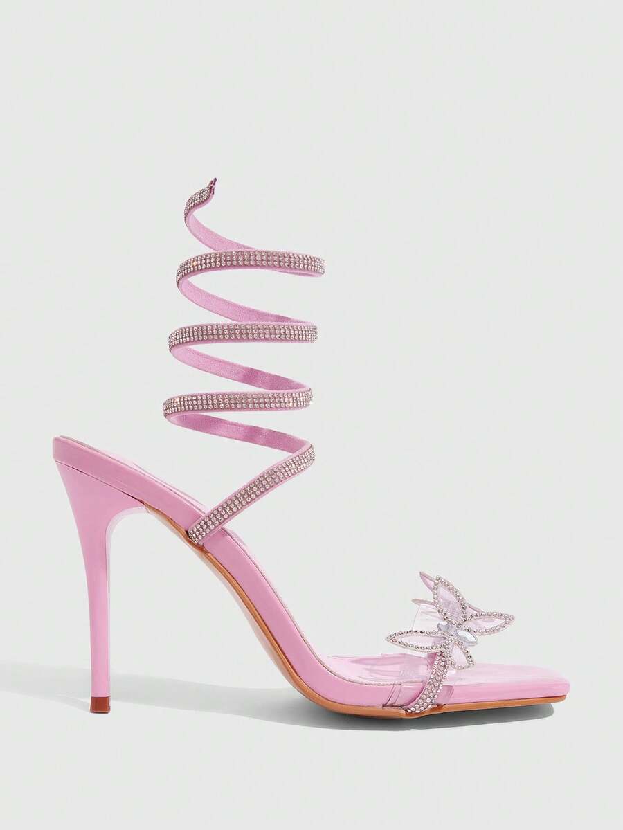 Women's square toe high heel slingback sandals featuring sparkling rhinestone floral accents, an open toe design, and sleek stiletto heels for summer parties.