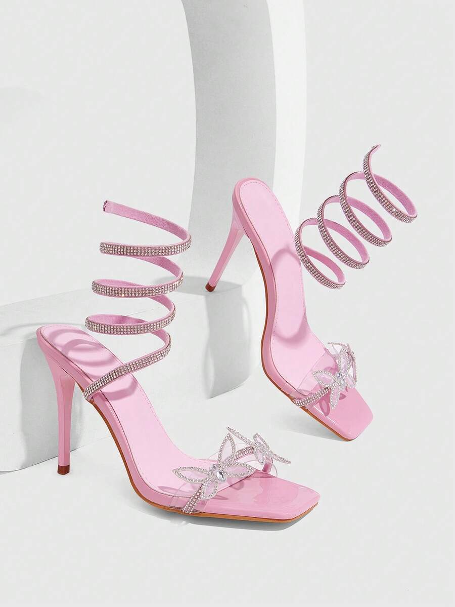 Women's square toe high heel slingback sandals featuring sparkling rhinestone floral accents, an open toe design, and sleek stiletto heels for summer parties.