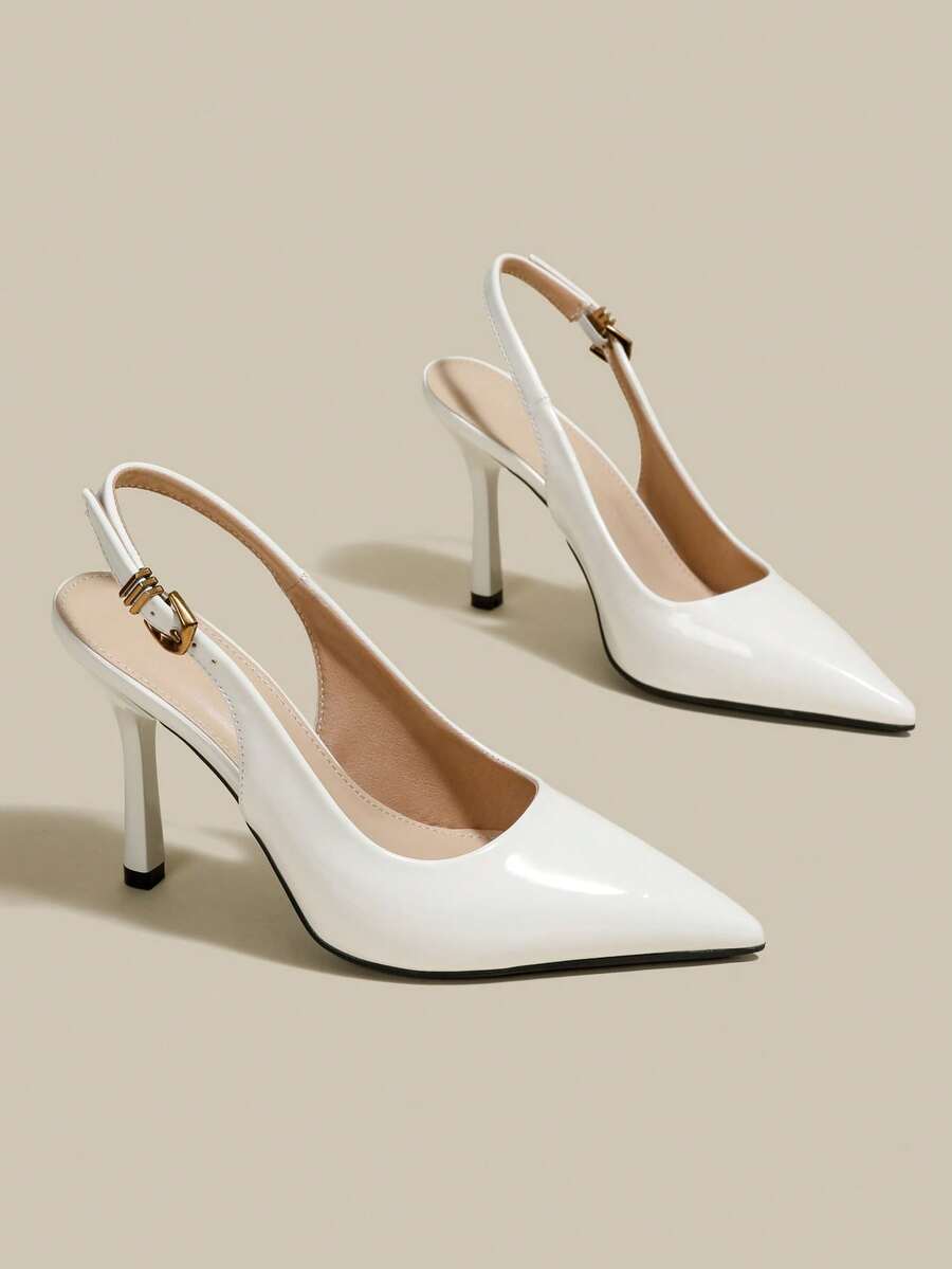 Women's pointed toe kitten heel pumps with adjustable buckle back strap and sleek patent finish.