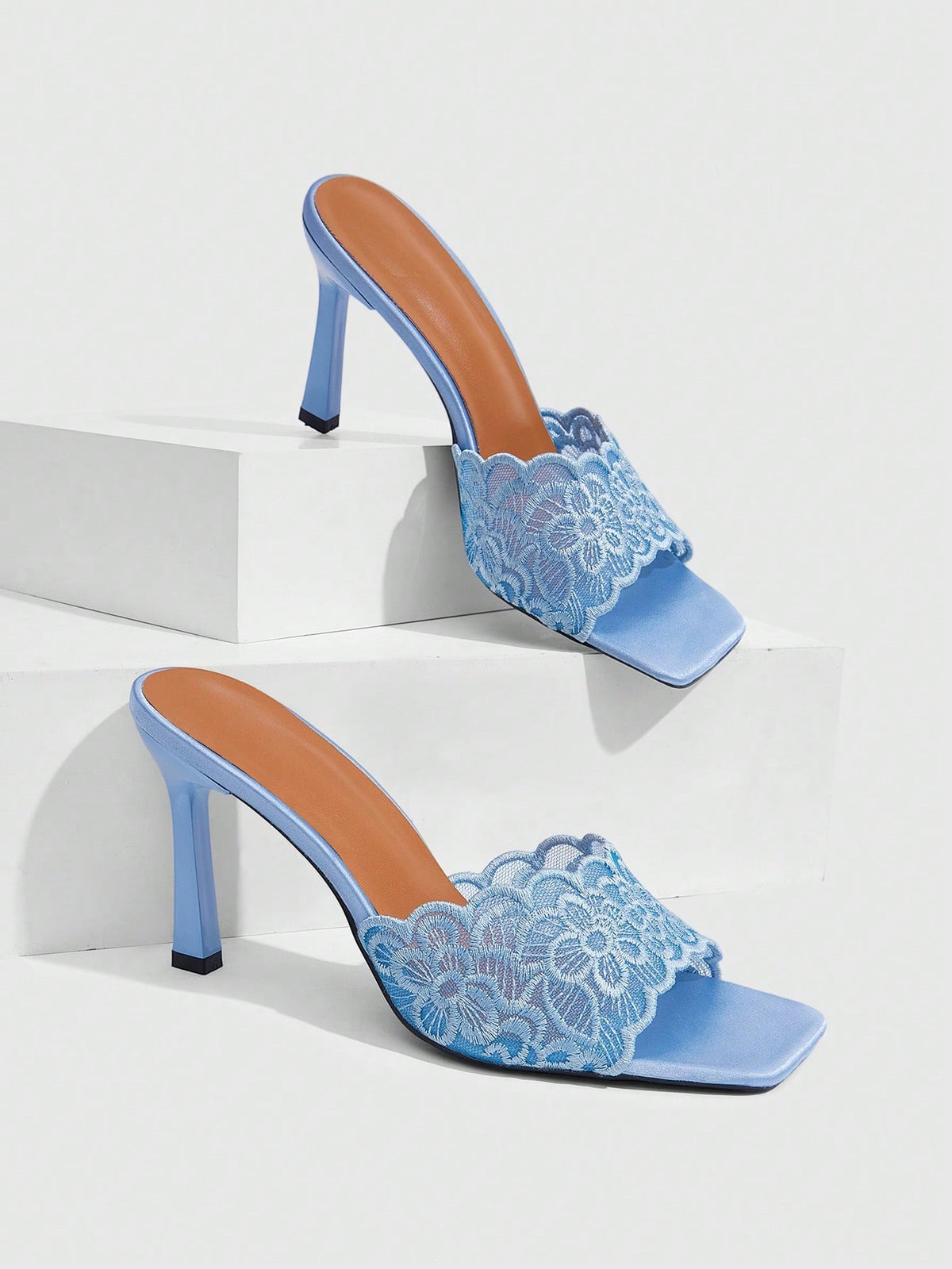 Women's square toe stiletto high heel slide sandals featuring contrast mesh embroidery and an open-toe backless design.