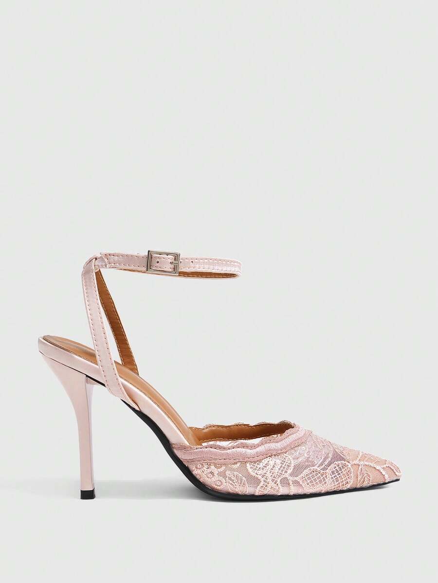 Women's stiletto high heel shoes featuring an elegant buckle detail and ankle strap slingback design.