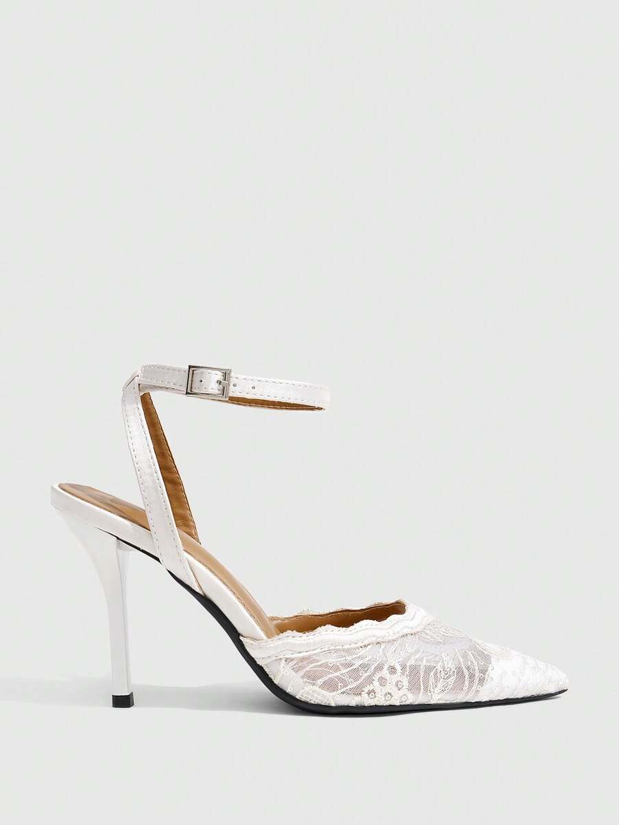 Women's stiletto high heel shoes featuring an elegant buckle detail and ankle strap slingback design.