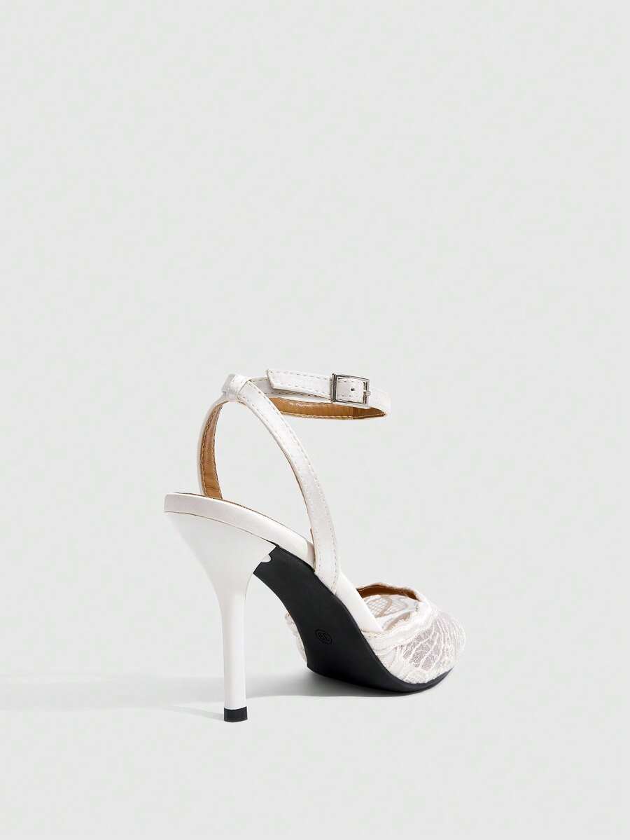Women's stiletto high heel shoes featuring an elegant buckle detail and ankle strap slingback design.