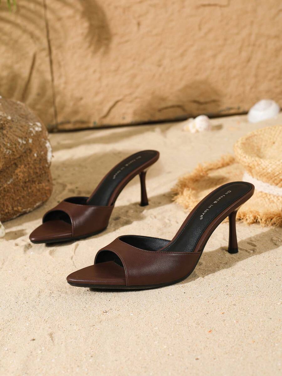 Women's elegant open toe high heel slip-on mules sandals with strap detail and stiletto heel