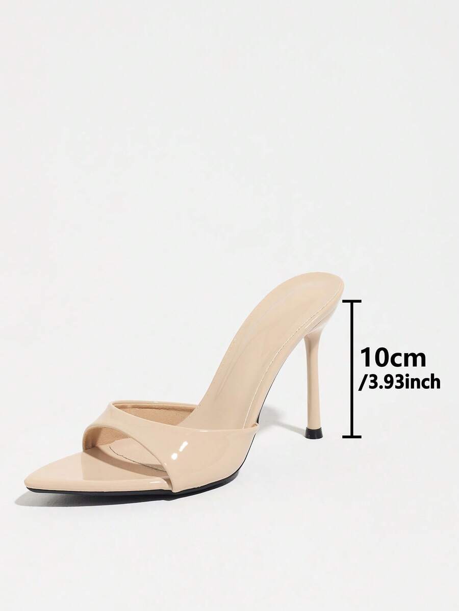 Women's coffee brown high heel mule shoes featuring a glossy mirror finish, open toe design, and sleek stiletto heel.