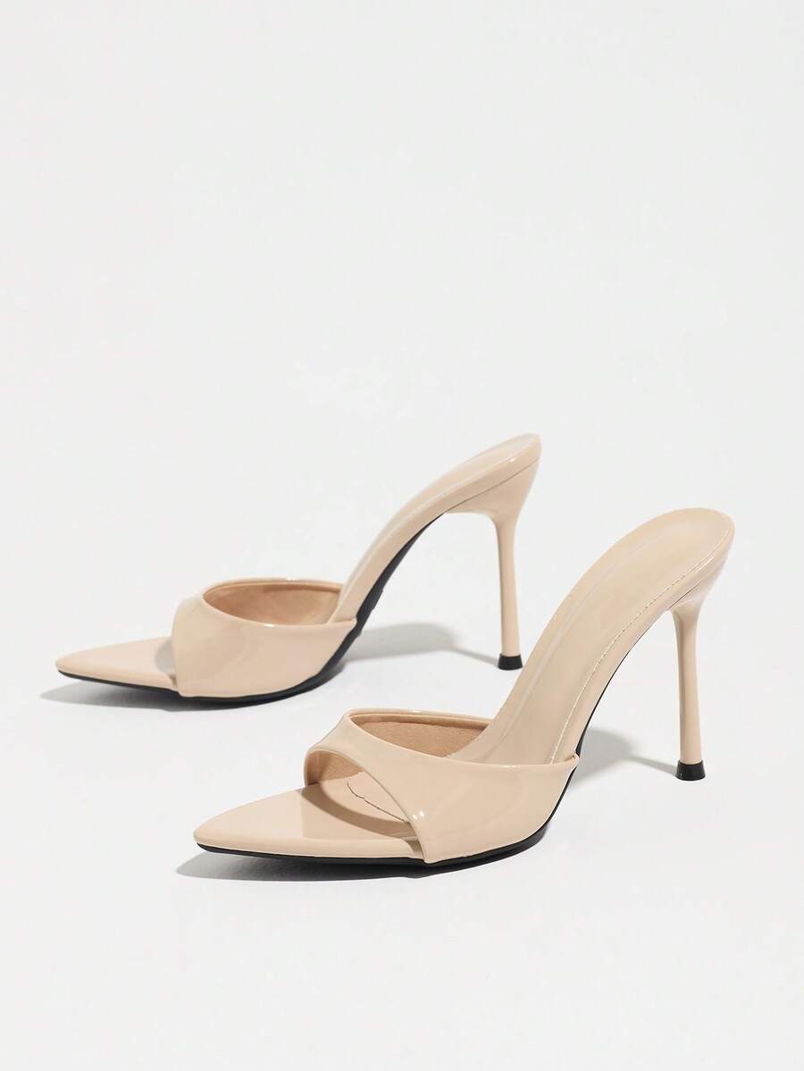 Women's coffee brown high heel mule shoes featuring a glossy mirror finish, open toe design, and sleek stiletto heel.