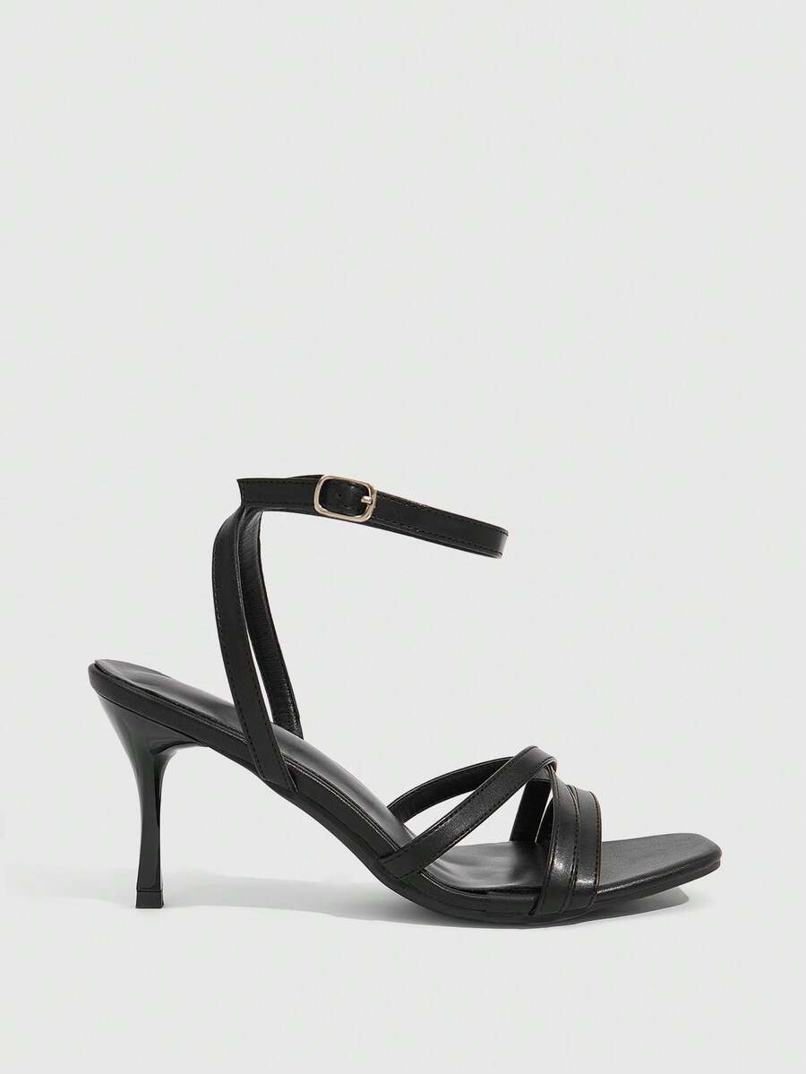 Square toe stiletto high heel sandals with crisscross strappy design and adjustable ankle buckle strap in light blue.