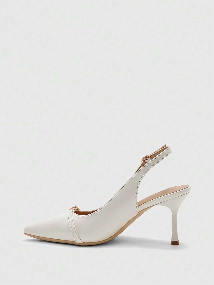 Beige pointed toe high heel pumps featuring a sleek stiletto heel and slingback strap for women.