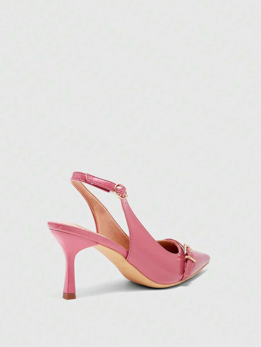 Beige pointed toe high heel pumps featuring a sleek stiletto heel and slingback strap for women.