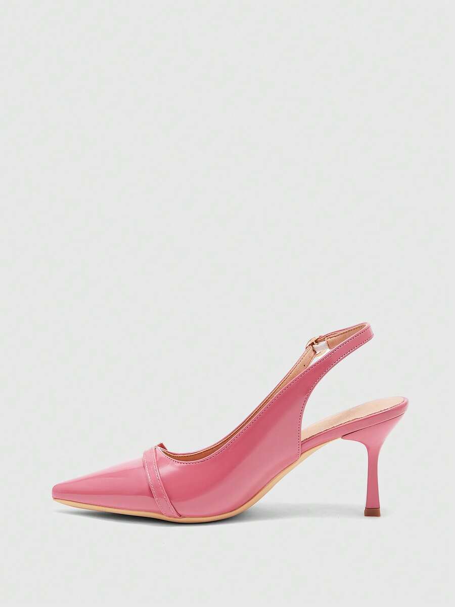 Beige pointed toe high heel pumps featuring a sleek stiletto heel and slingback strap for women.