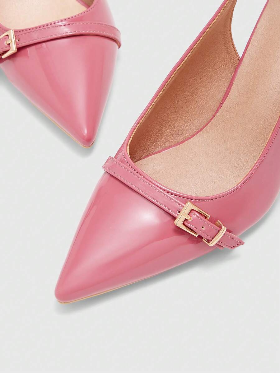 Beige pointed toe high heel pumps featuring a sleek stiletto heel and slingback strap for women.