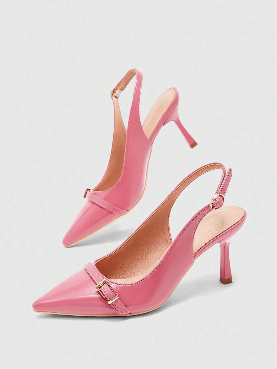 Beige pointed toe high heel pumps featuring a sleek stiletto heel and slingback strap for women.