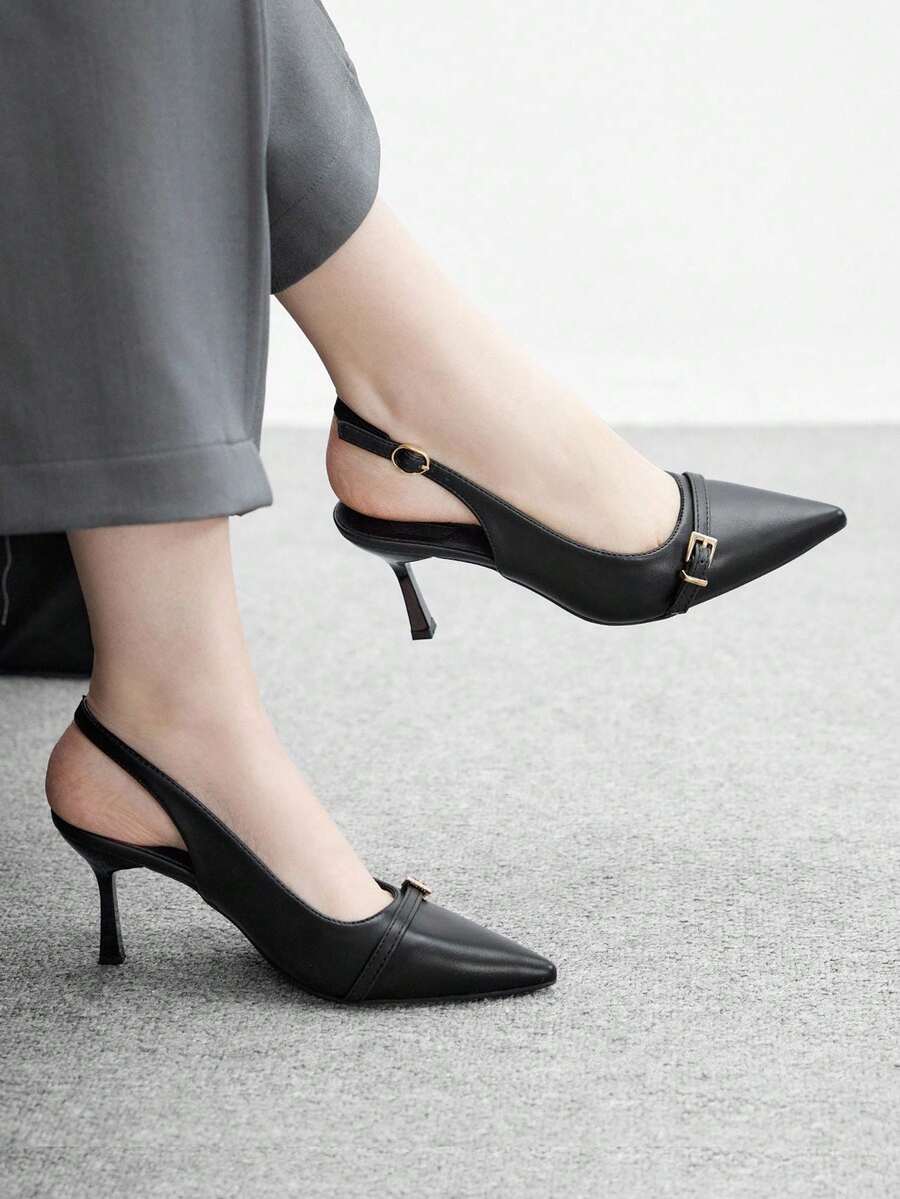 Beige pointed toe high heel pumps featuring a sleek stiletto heel and slingback strap for women.