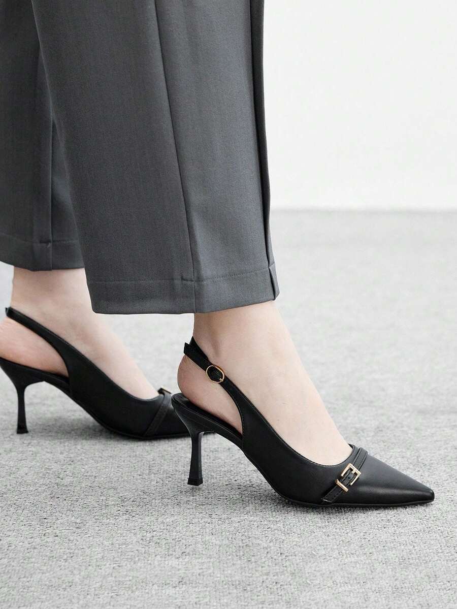 Beige pointed toe high heel pumps featuring a sleek stiletto heel and slingback strap for women.