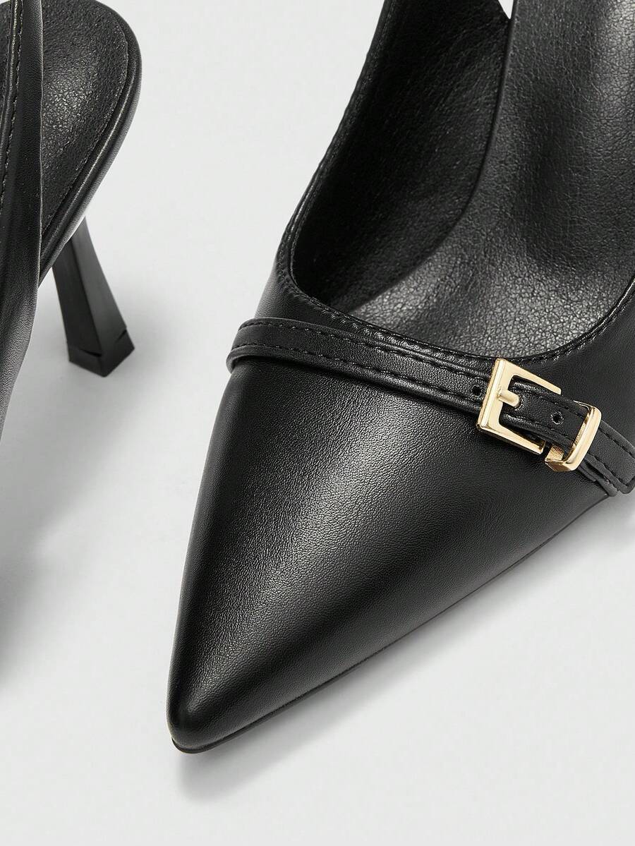 Beige pointed toe high heel pumps featuring a sleek stiletto heel and slingback strap for women.