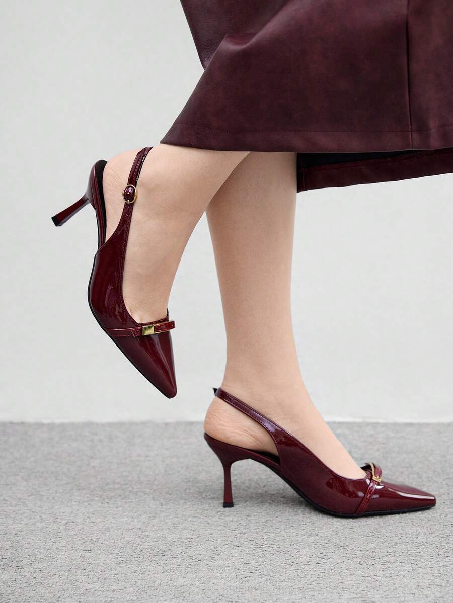 Beige pointed toe high heel pumps featuring a sleek stiletto heel and slingback strap for women.