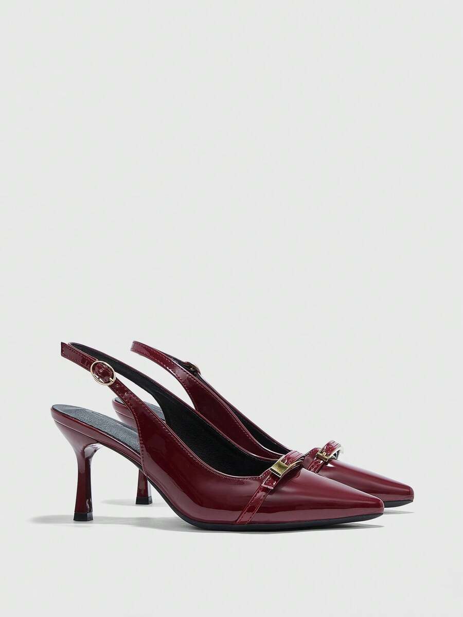 Beige pointed toe high heel pumps featuring a sleek stiletto heel and slingback strap for women.