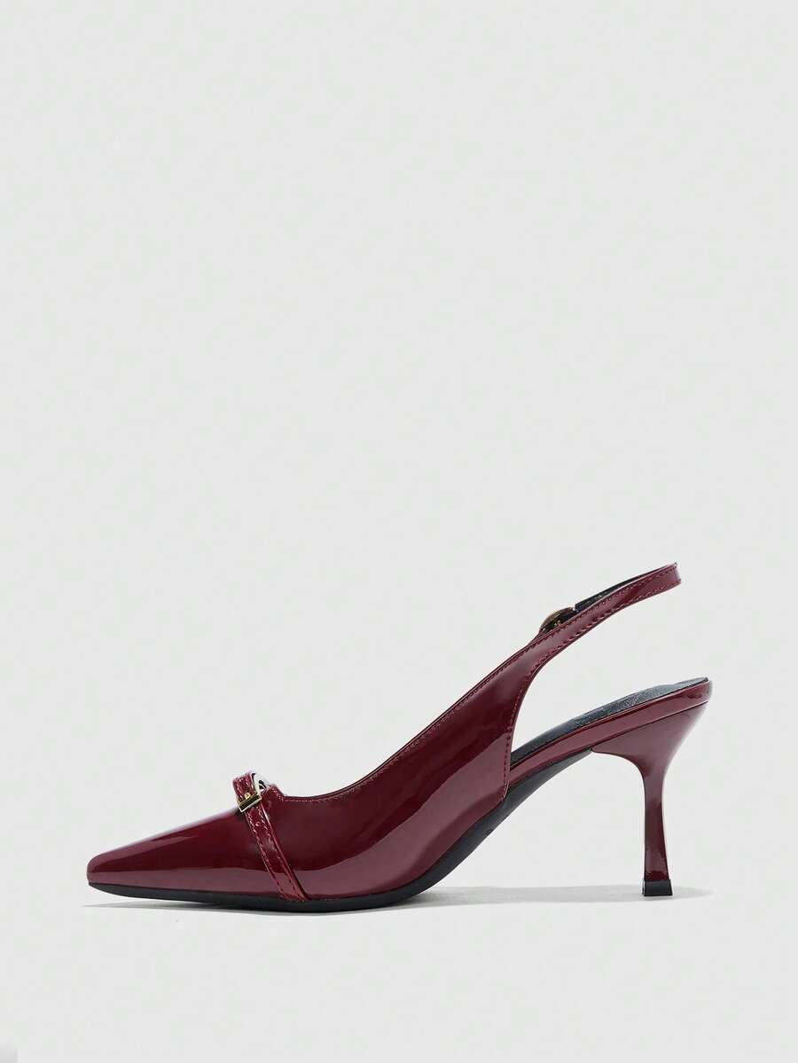 Beige pointed toe high heel pumps featuring a sleek stiletto heel and slingback strap for women.
