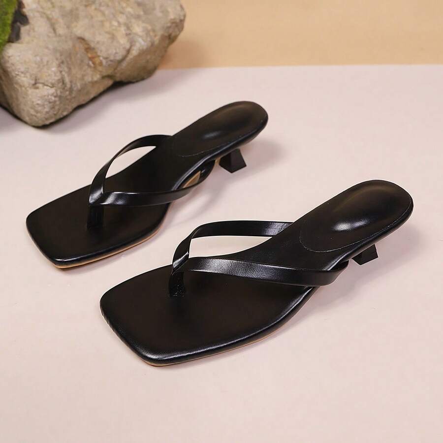 Women's square toe kitten heel thong sandals featuring a sleek toe-post strap and low heel design