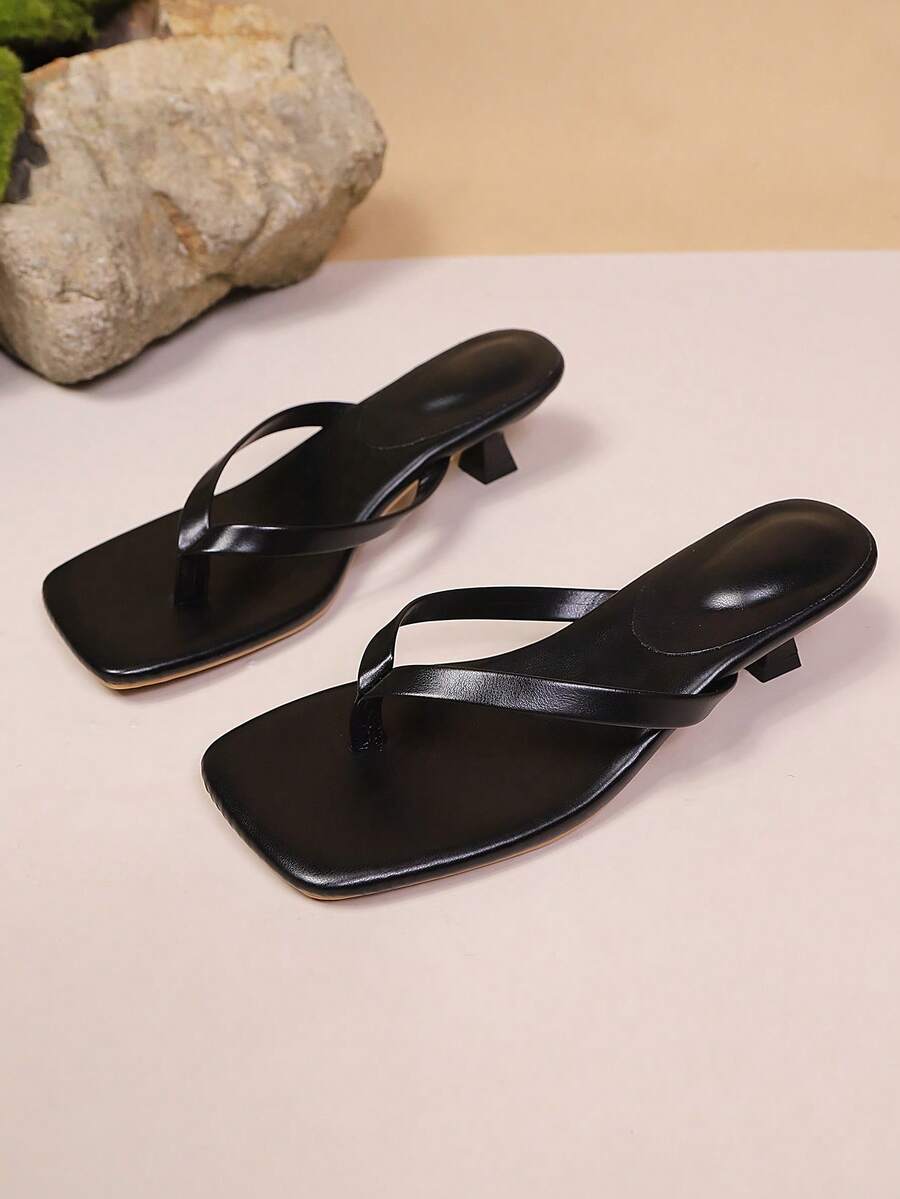 Women's square toe kitten heel thong sandals featuring a sleek toe-post strap and low heel design