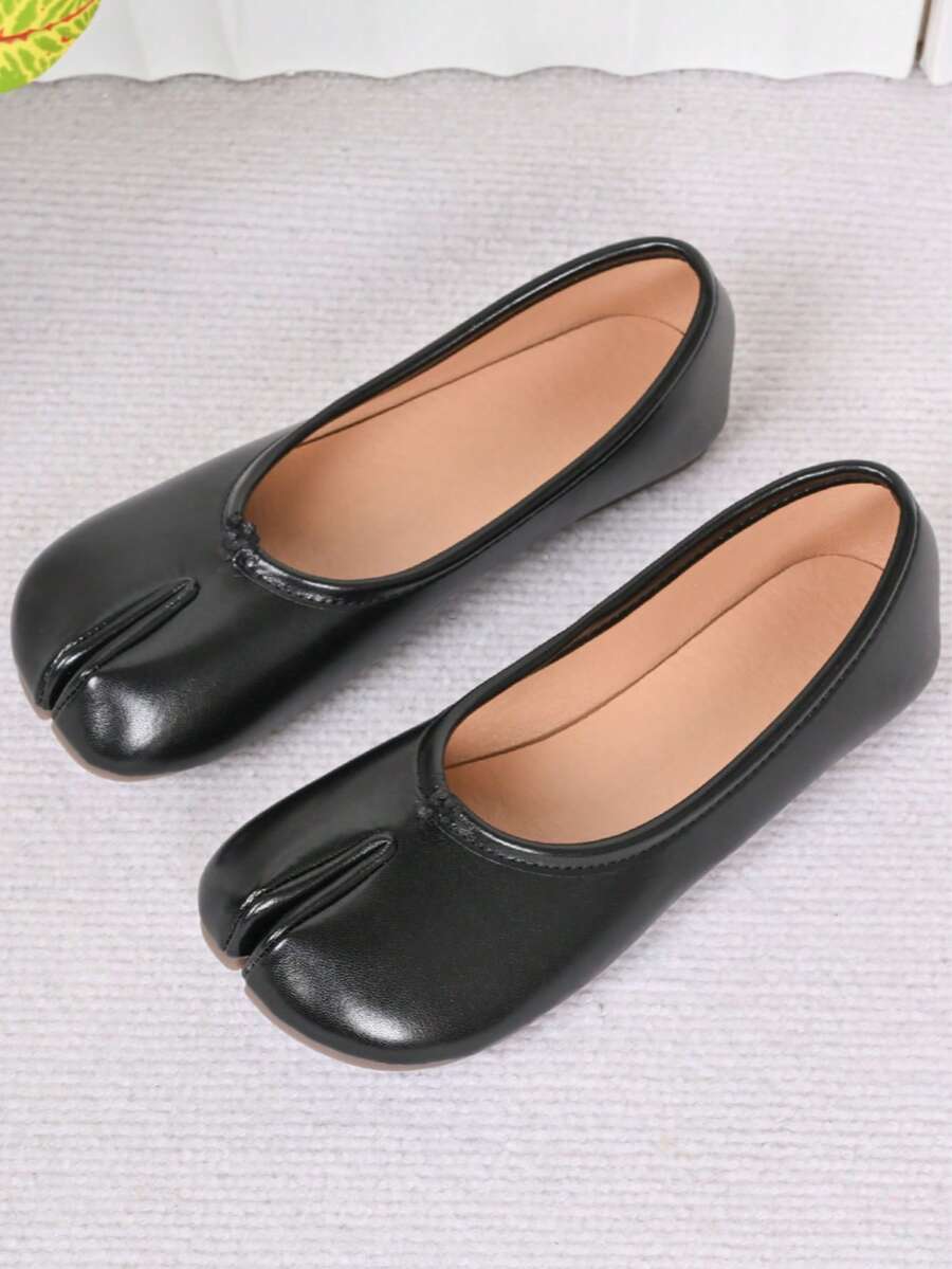 Women's white split-toe slip-on flat shoes with braided accent and rubber sole