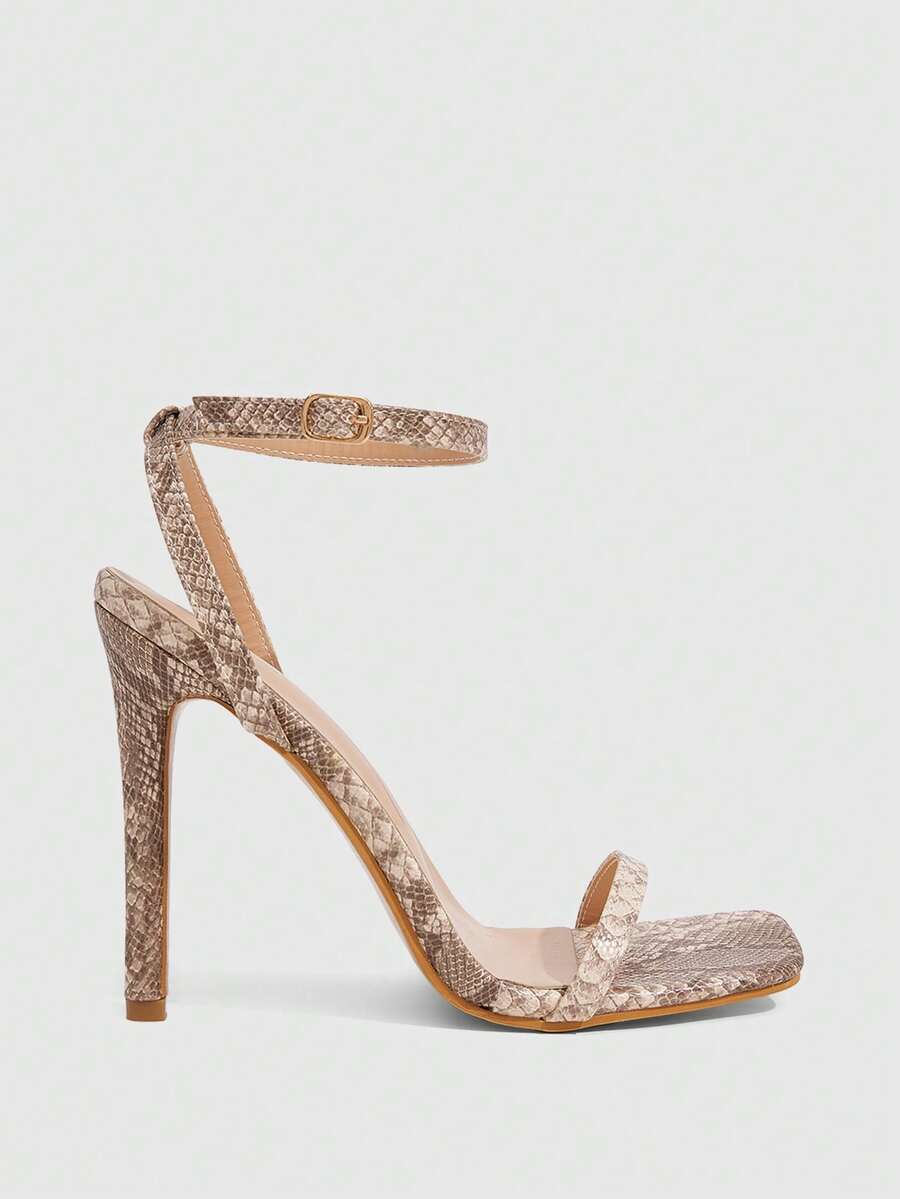 Elegant women's open toe strappy heeled sandals with stiletto high heel and ankle strap buckle closure.