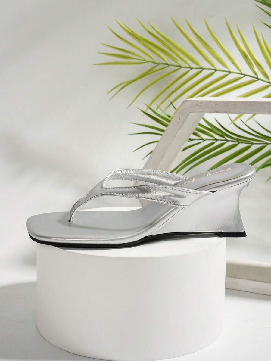 Women's square toe wedge flip-flops with sleek PU leather toe-post straps and elevated wedge heels.