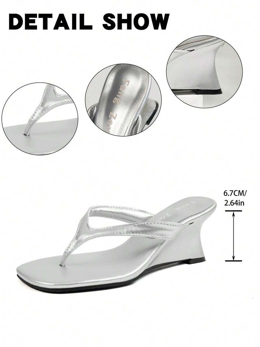 Women's square toe wedge flip-flops with sleek PU leather toe-post straps and elevated wedge heels.