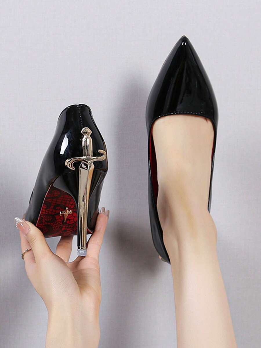 Glossy black pointed toe stiletto high heel pumps with bow detail for women