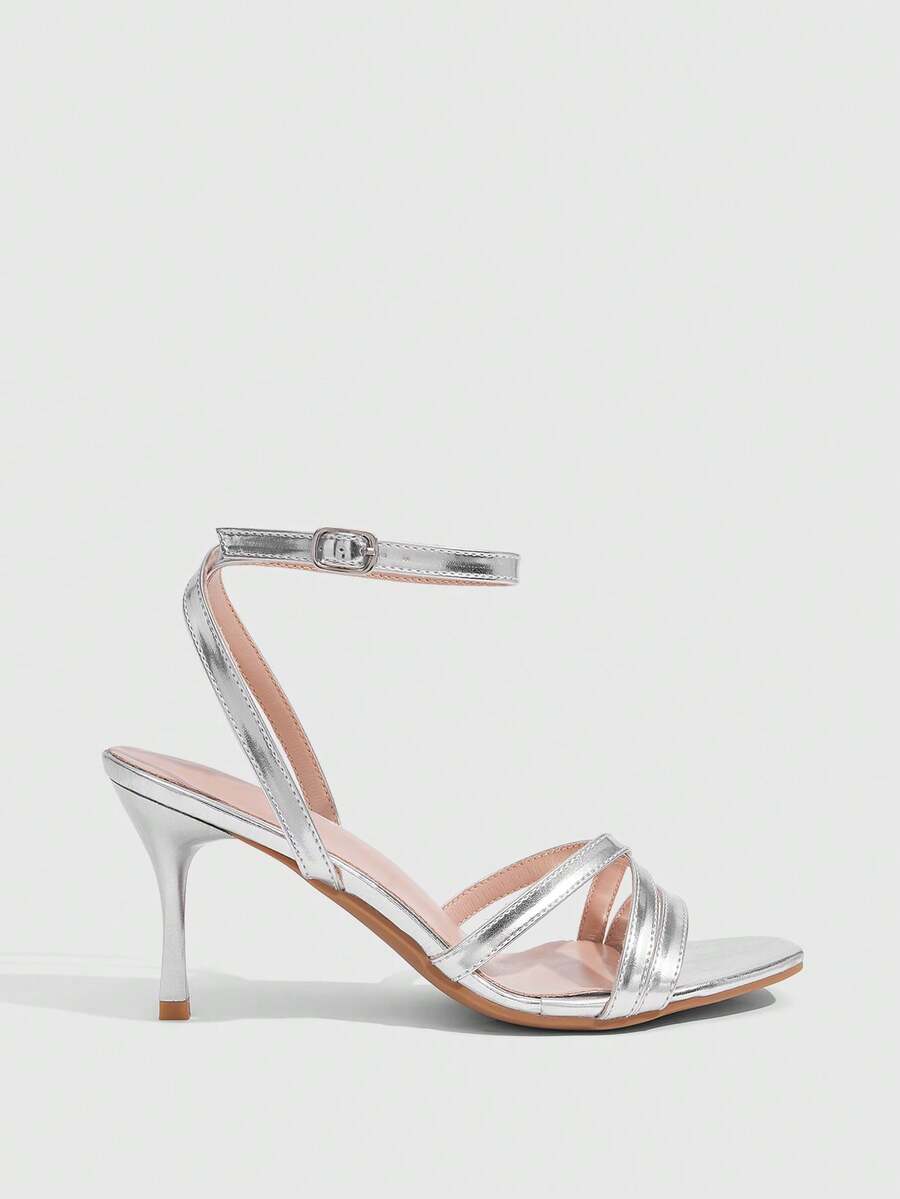 Square toe stiletto high heel sandals with crisscross strappy design and adjustable ankle buckle strap in light blue.