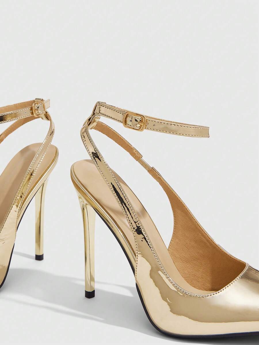 Pointed toe stiletto high heels with slingback silhouette and adjustable buckle ankle strap.