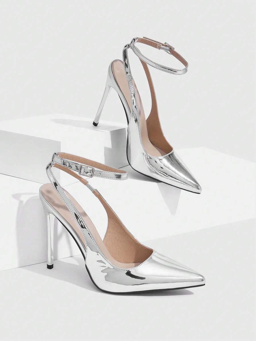 Pointed toe stiletto high heels with slingback silhouette and adjustable buckle ankle strap.