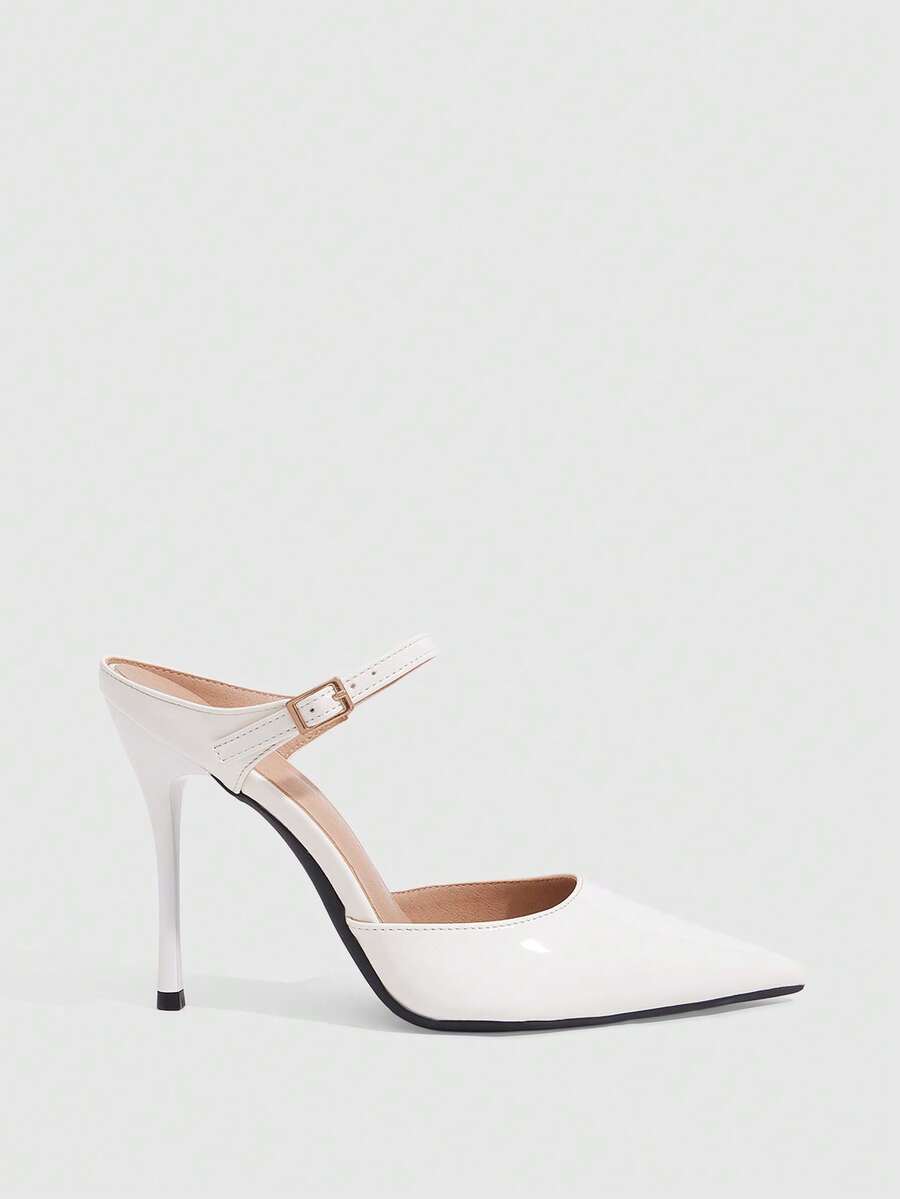 Burgundy pointed toe stiletto high heels with ankle strap buckle detail in patent PU leather