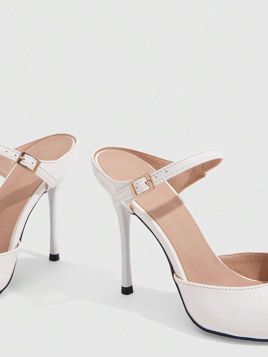Burgundy pointed toe stiletto high heels with ankle strap buckle detail in patent PU leather